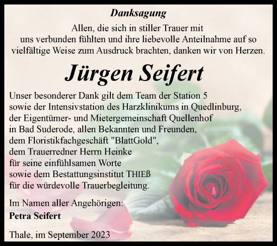 Traueranzeige von Jürgen Seifert von Trauerkombi Quedlinburg