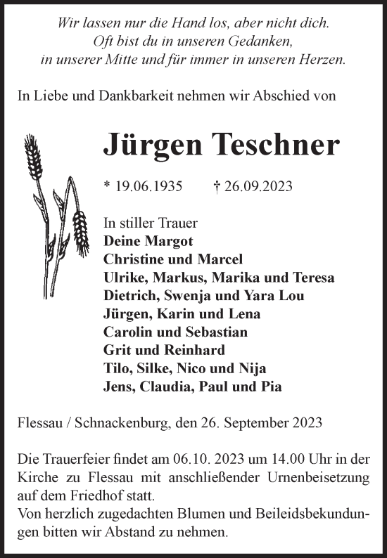 Traueranzeige von Jürgen Teschner von Volksstimme Altmark Ost