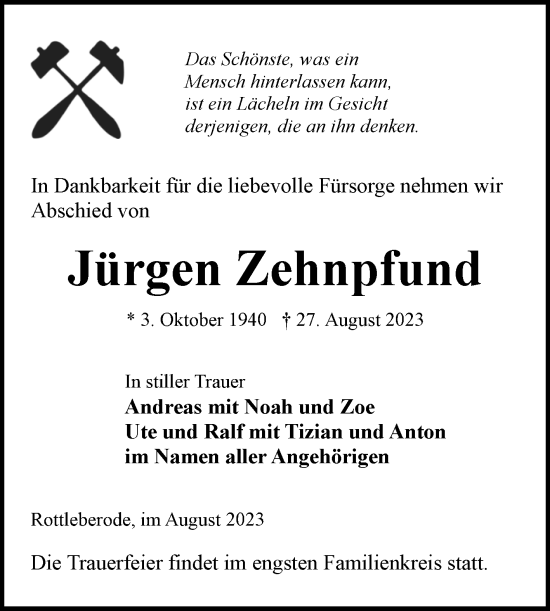 Traueranzeige von Jürgen Zehnpfund von Trauerkombi Sangerhausen