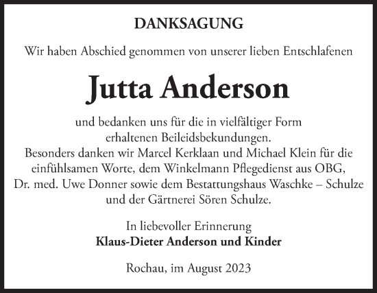 Traueranzeige von Jutta Anderson von Volksstimme Altmark Ost