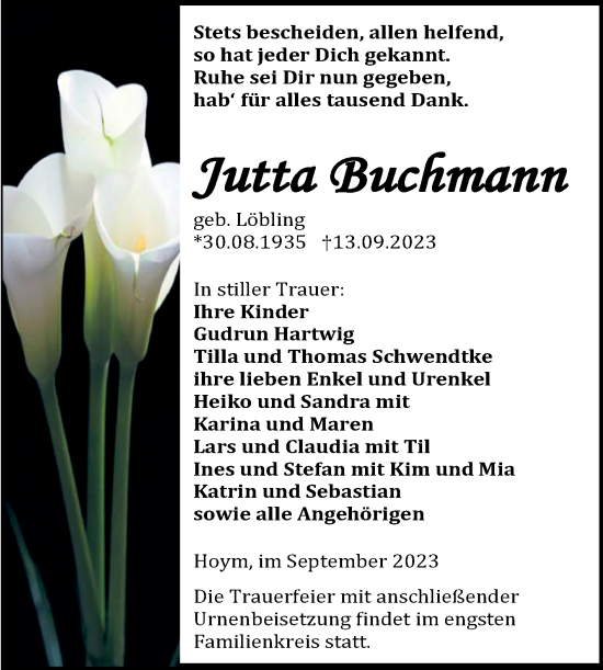 Traueranzeige von Jutta Buchmann von Trauerkombi Aschersleben