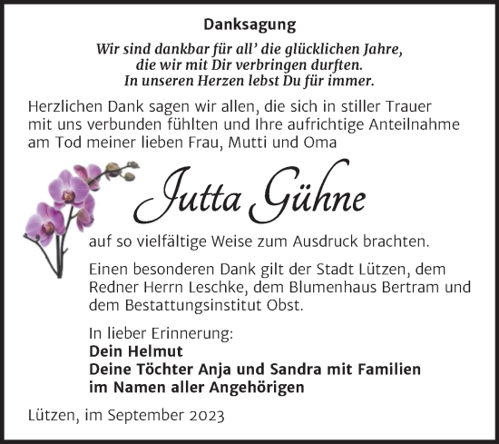 Traueranzeige von Jutta Gühne von Trauerkombi Weißenfels
