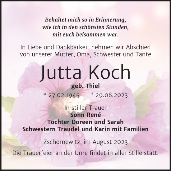 Traueranzeige von Jutta Koch von Trauerkombi Wittenberg