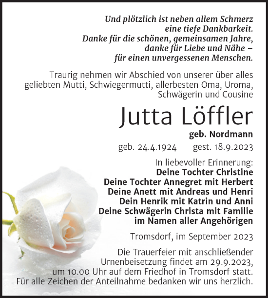Traueranzeige von Jutta Löffler von Wochenspiegel Naumburg/Nebra