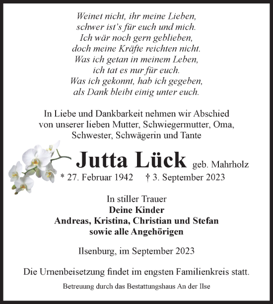 Traueranzeige von Jutta Lück von Volksstimme Wernigerode