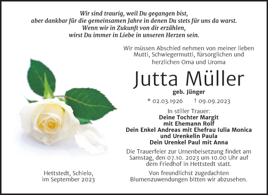 Traueranzeige von Jutta Müller von Trauerkombi Mansfelder Land