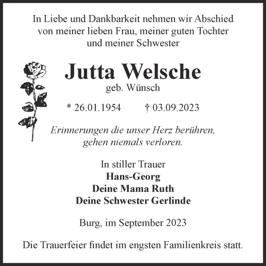 Traueranzeige von Jutta Welsche von Volksstimme Burg/Genthin