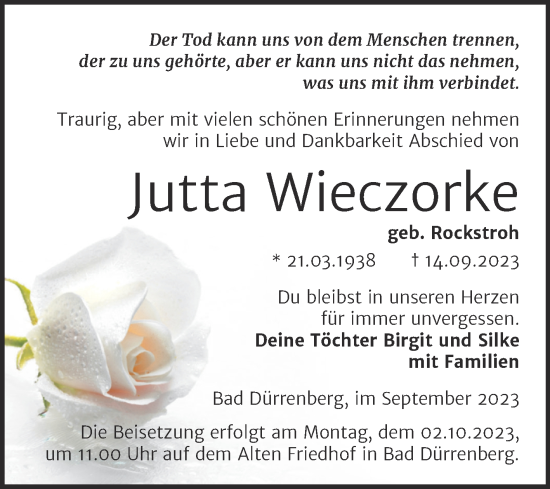 Traueranzeige von Jutta Wieczorke von Trauerkombi Merseburg