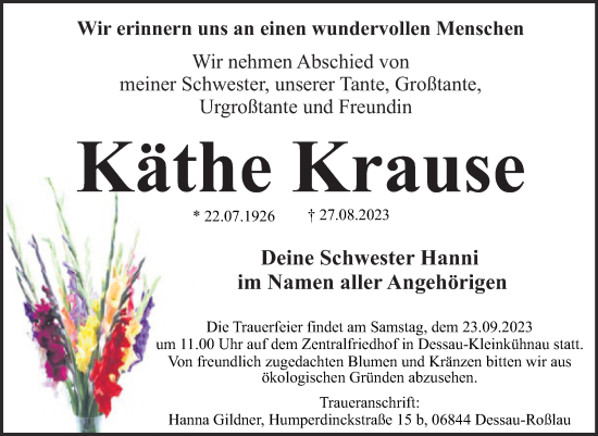 Traueranzeige von Käthe Krause von Trauerkombi Dessau