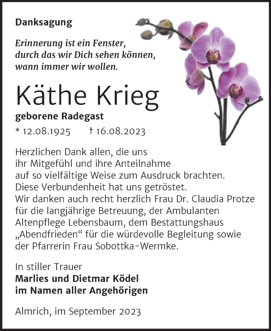 Traueranzeige von Käthe Krieg von Naumburger Tageblatt