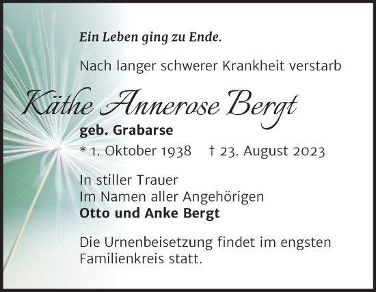 Traueranzeige von Käthe Annerose Bergt von Trauerkombi Merseburg