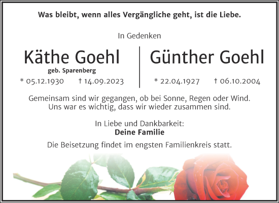 Traueranzeige von Käthe und Günther Goehl von Mitteldeutsche Zeitung Halle/Saalkreis