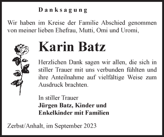 Traueranzeige von Karin Batz von Volksstimme Zerbst