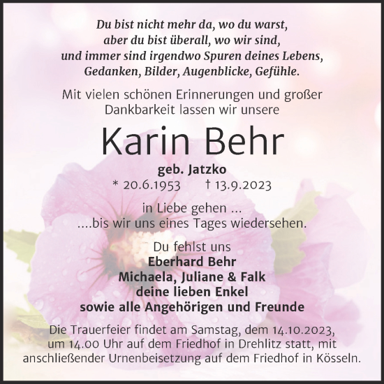 Traueranzeige von Karin Behr von Mitteldeutsche Zeitung Halle/Saalkreis