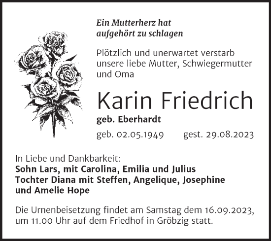 Traueranzeige von Karin Friedrich von Trauerkombi Köthen