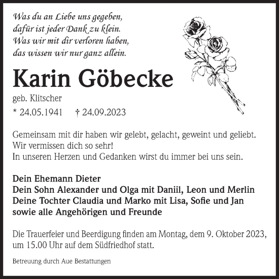 Traueranzeige von Karin Göbecke von Volksstimme Magdeburg