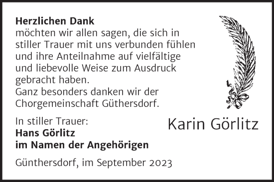 Traueranzeige von Karin Görlitz von Trauerkombi Merseburg