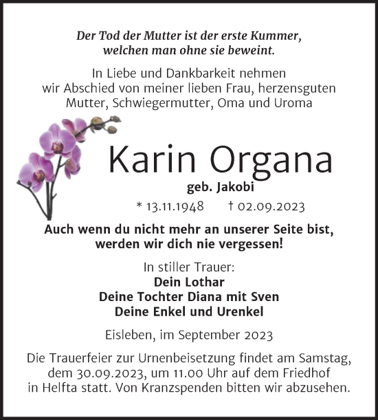Traueranzeige von Karin Organa von Trauerkombi Mansfelder Land