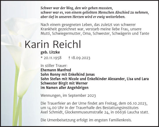 Traueranzeige von Karin Reichl von Wochenspiegel Naumburg/Nebra
