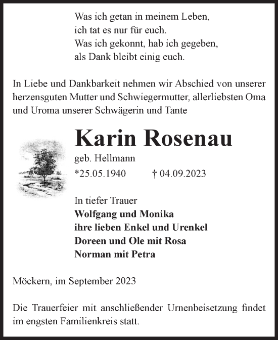 Traueranzeige von Karin Rosenau von Volksstimme Burg/Genthin