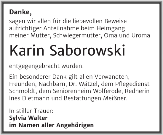 Traueranzeige von Karin Saborowski von Trauerkombi Sangerhausen