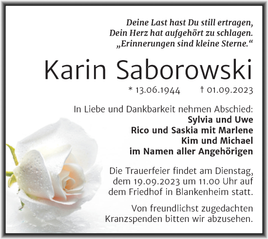 Traueranzeige von Karin Saborowski von Trauerkombi Sangerhausen