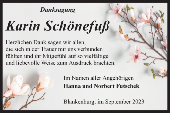 Traueranzeige von Karin Schönefuß von Volksstimme Wernigerode