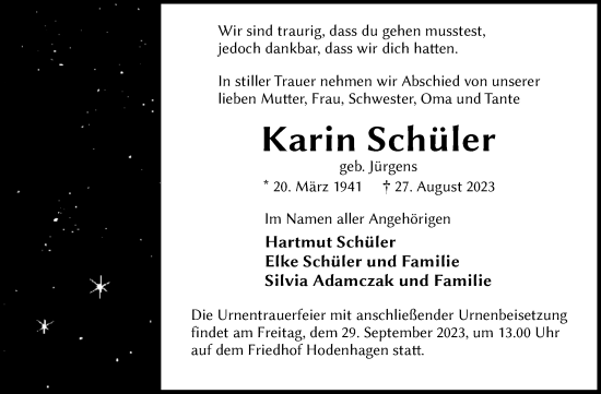 Traueranzeige von Karin Schüler von Mitteldeutsche Zeitung Dessau-Roßlau