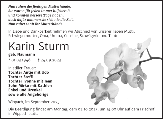 Traueranzeige von Karin Sturm von Naumburger Tageblatt
