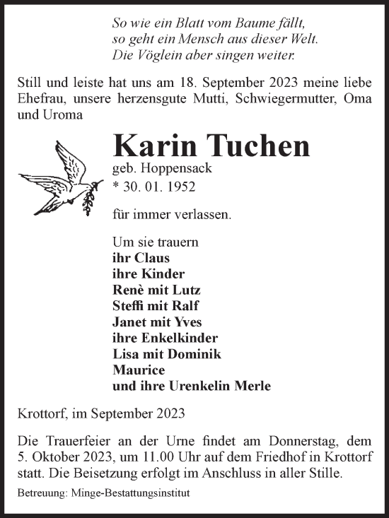 Traueranzeige von Karin Tuchen von Volksstimme Oschersleben/Wanzleben