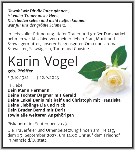 Traueranzeige von Karin Vogel von Trauerkombi Mansfelder Land