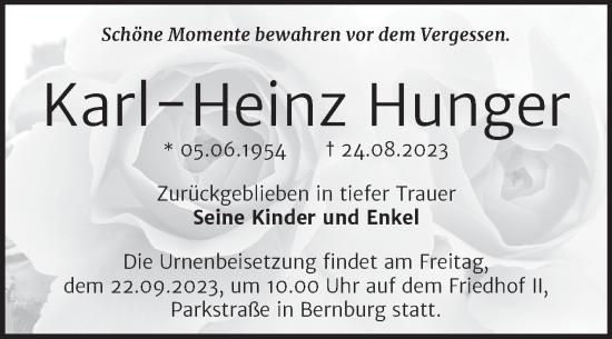 Traueranzeige von Karl-Heinz Hunger von Trauerkombi Bernburg