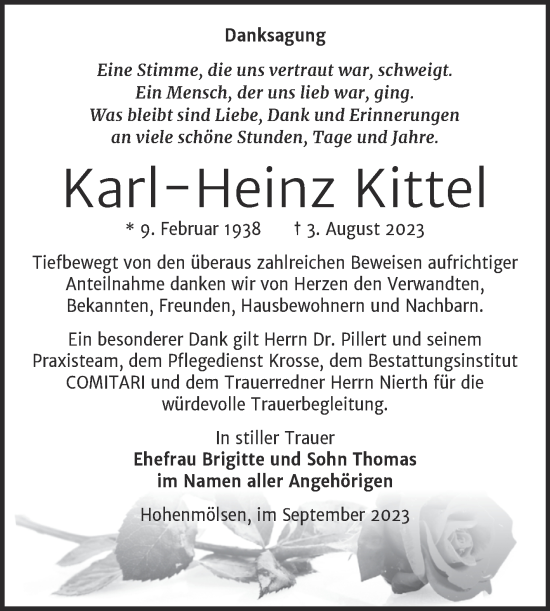 Traueranzeige von Karl-Heinz Kittel von Trauerkombi Weißenfels