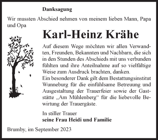 Traueranzeige von Karl-Heinz Krähe von Volksstimme Schönebeck
