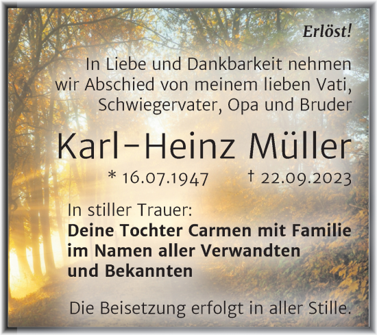 Traueranzeige von Karl-Heinz Müller von Trauerkombi Bitterfeld