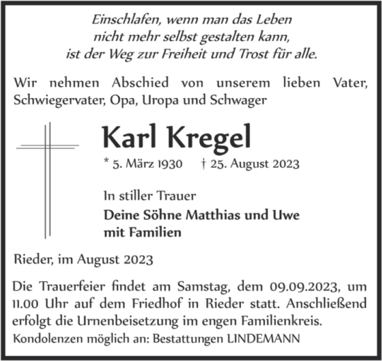 Traueranzeige von Karl Kregel von Volksstimme Halberstadt