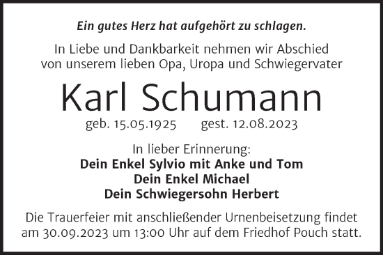 Traueranzeige von Karl Schumann von Trauerkombi Bitterfeld