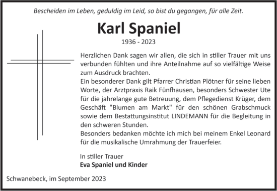 Traueranzeige von Karl Spaniel von Volksstimme Halberstadt