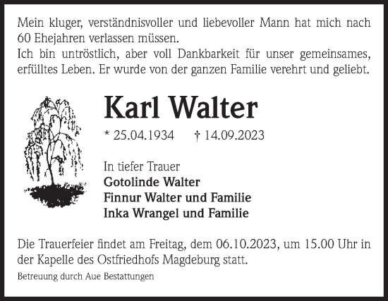 Traueranzeige von Karl Walter von Volksstimme Magdeburg