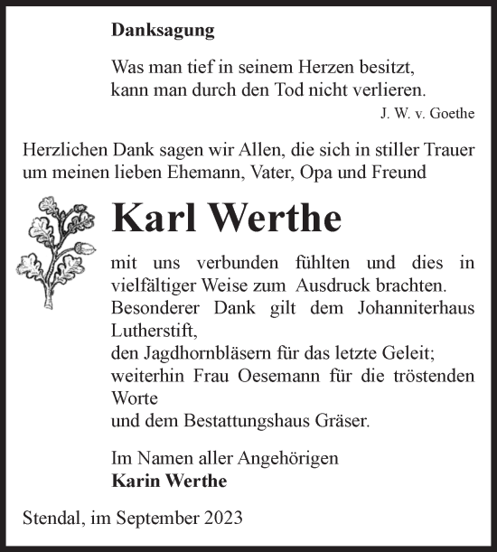 Traueranzeige von Karl Werthe von Volksstimme Altmark Ost