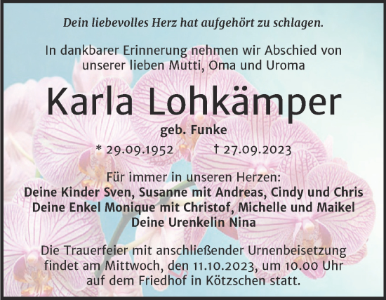 Traueranzeige von Karla Lohkämper von Trauerkombi Merseburg