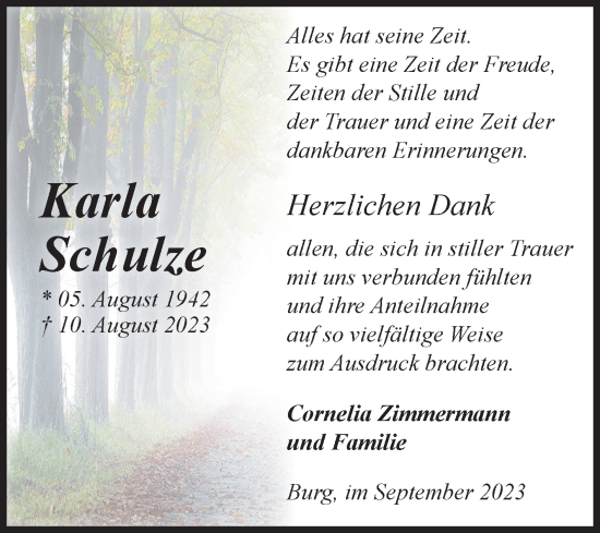 Traueranzeige von Karla Schulze von Volksstimme Burg/Genthin