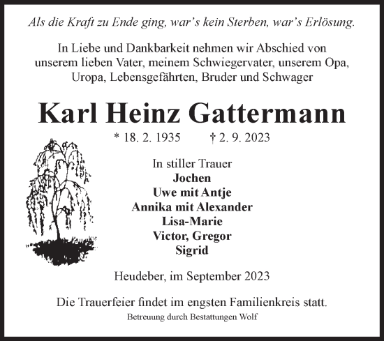 Traueranzeige von Karl Heinz Gattermann von Volksstimme Wernigerode