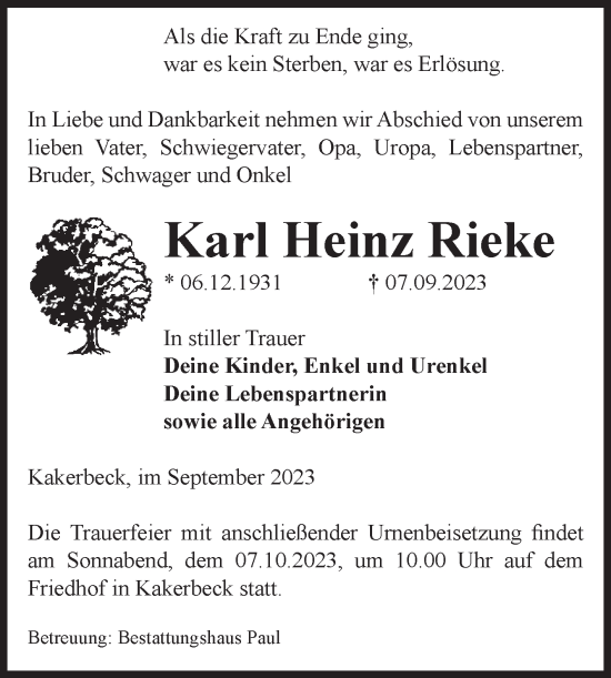 Traueranzeige von Karl Heinz Rieke von Volksstimme Altmark West