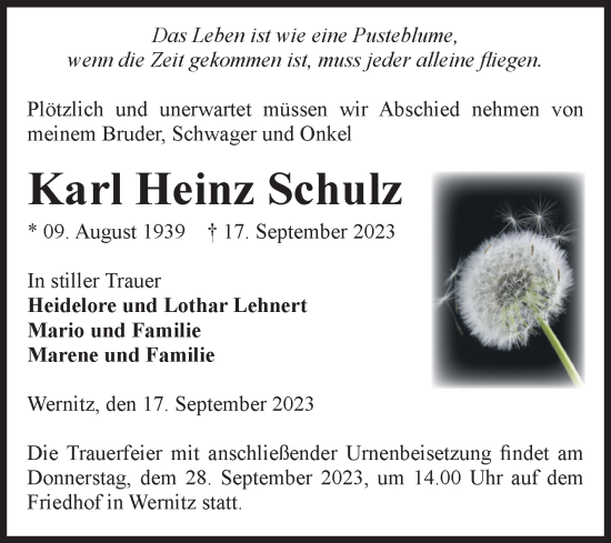 Traueranzeige von Karl Heinz Schulz von Volksstimme Altmark West