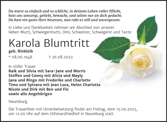 Traueranzeige von Karola Blumtritt von Wochenspiegel Naumburg/Nebra