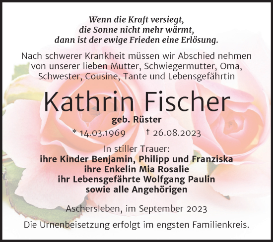 Traueranzeige von Kathrin Fischer von Trauerkombi Aschersleben