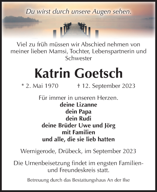 Traueranzeige von Katrin Goetsch von Volksstimme Wernigerode