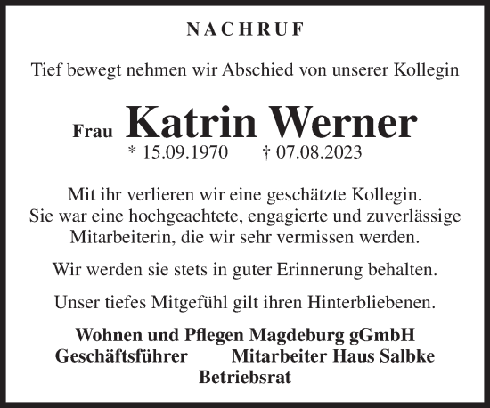 Traueranzeige von Katrin Werner von Volksstimme Magdeburg