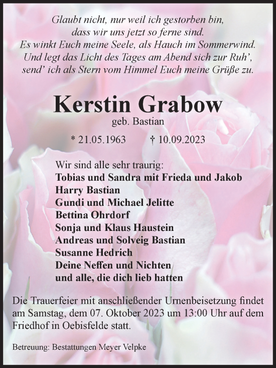 Traueranzeige von Kerstin Grabow von Volksstimme Altmark West